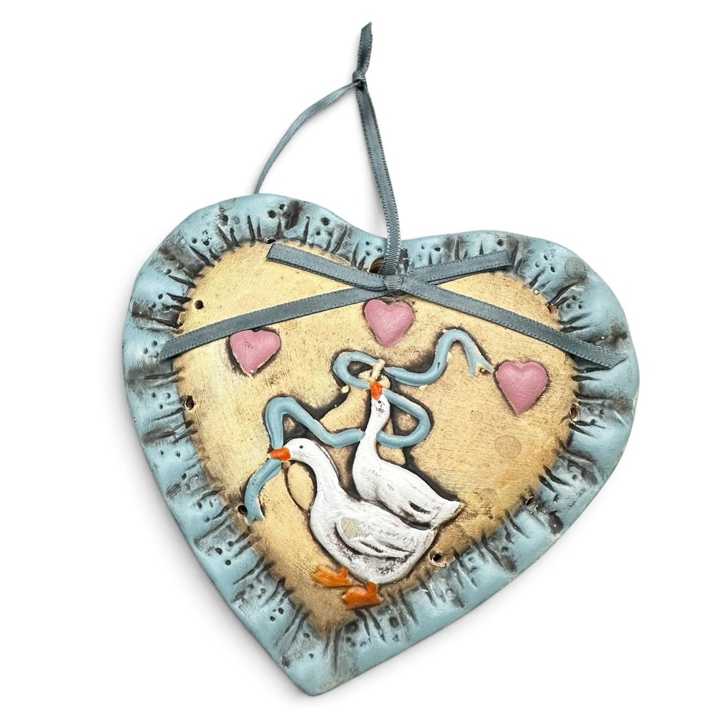 Vintage Hand Painted Ceramic Heart Ribbon Country Cottage Goose Wall Plaque Deco